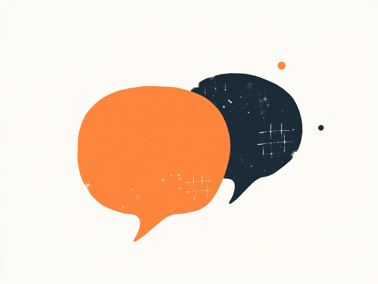 Two speech bubbles overlapping, illustrating conversation across languages